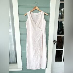 Vintage 100% linen sleeveless midi dress pink faux wrap minimalist natural fiber
